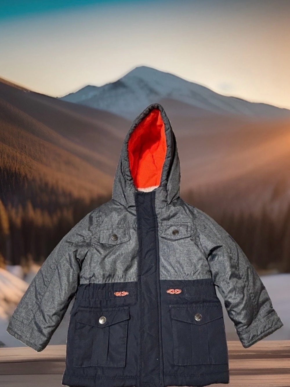 Carter's Two-Tone Hooded Puffer Jacket in Gray, Navy & Orange Sz 24 Months